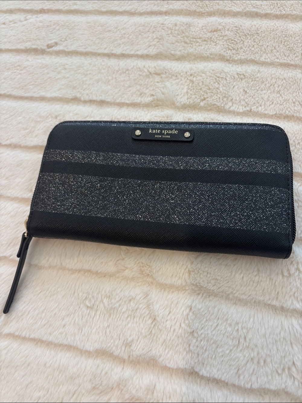 kate spade Black Glitter Stripe Zip-Around Wallet